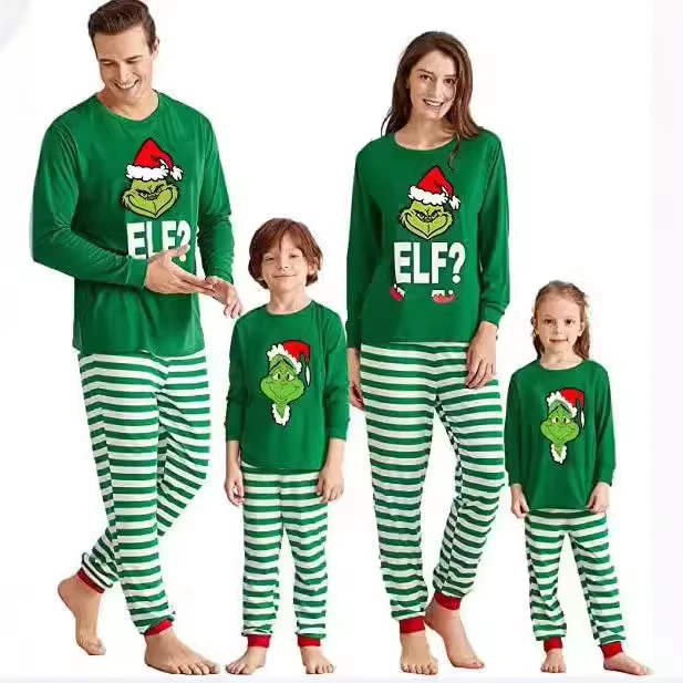 CHINEE New Green Family Christmas Pajamas Matching Sets Holiday Green Stripes Christmas Pajamas Sleepwear for Family