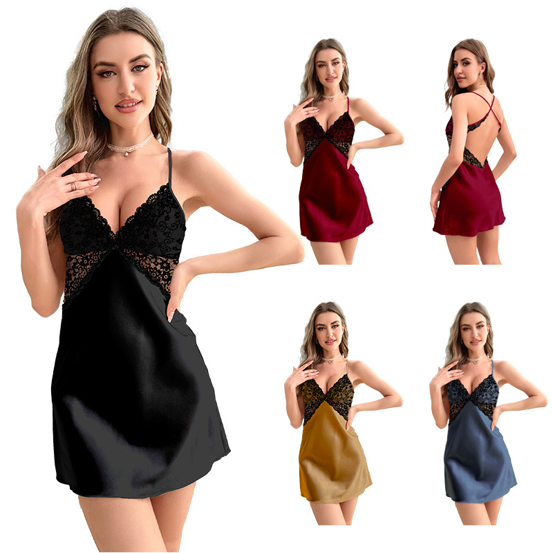 CHINEE New Ice Silk Pajamas Women's Summer Lace Sleepwear Home Furnishings Open Back Short Women's Lingerie Sleeping Dress