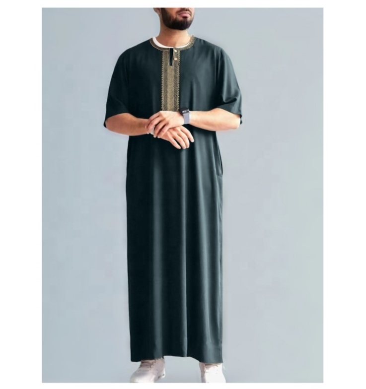 CHINEE New Islamic Muslim Men's Solid Color Short Sleeve Classic Embroidery Robe Dubai Arabic Ethnic Style Men's Casual Formal Robe