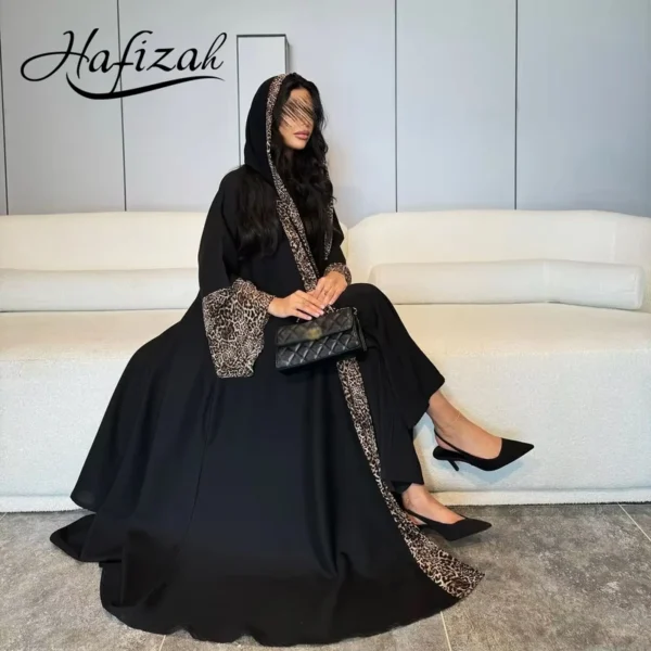 CHINEE New Luxury Handmade Dubai Black Modest Robe Muslim Women Leopard Print Trim Hooded Design