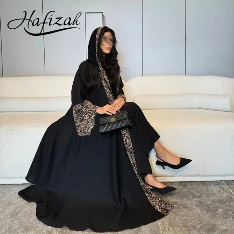 CHINEE New Luxury Handmade Dubai Black Modest Robe Muslim Women Leopard Print Trim Hooded Design