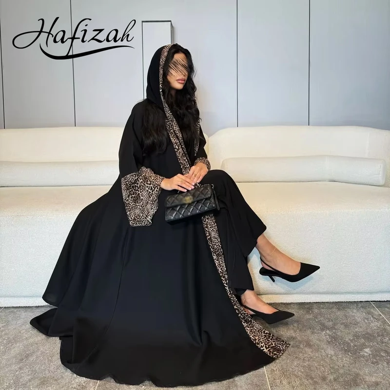 CHINEE New Luxury Handmade Dubai Black Modest Robe Muslim Women Leopard Print Trim Hooded Design