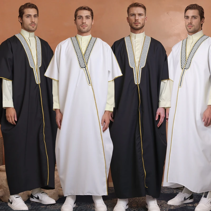 CHINEE New Men's Casual Robe Embroidered Polyester Short Sleeve Breathable Thobe Thawb for Summer Middle East Academic Wear