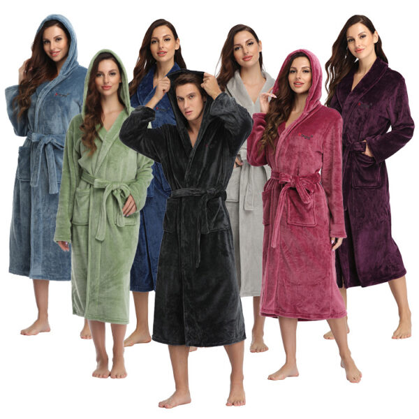 CHINEE New Men's and Women's Simple Flannel Large Size Long Couple Hooded Bathrobe Autumn and Winter