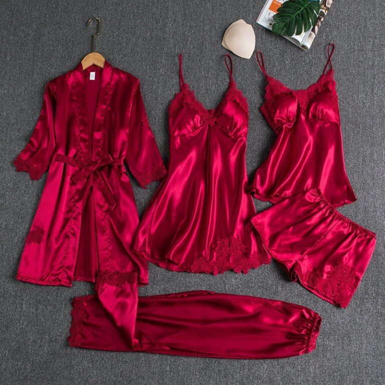 CHINEE-New-Silk-Satin-Lace-Sleepwear-Set-Soft-Plus-Size-Robe-Full-Length-Thin-Light-Home-Wear-Pajamas-Sexy-5-Pieces