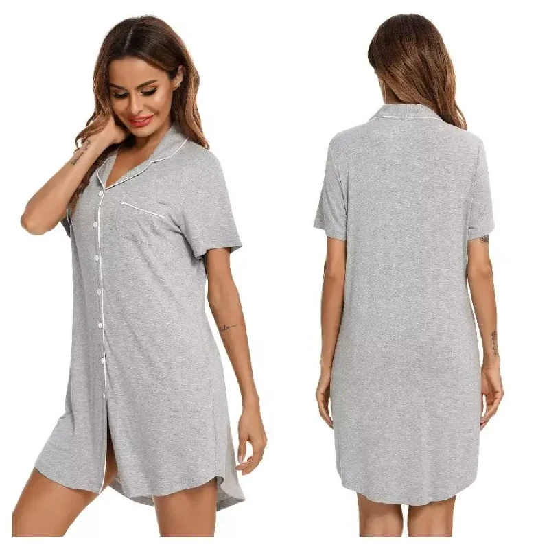 CHINEE New Solid Bamboo Short Sleeve Pajamas Sexy Women Nightgowns
