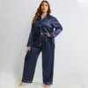 CHINEE New Spring Autumn Long Ice Silk Stain Solid Pattern Home Wear Plus Size Women's Long Sleeve Soft Pajamas 2 pieces Set