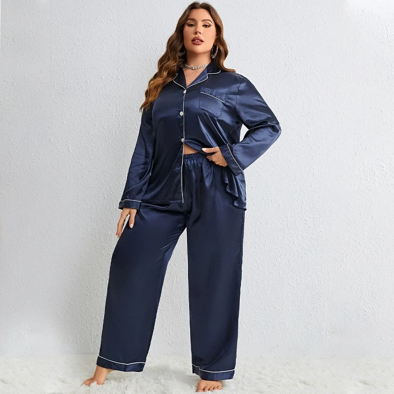 CHINEE New Spring Autumn Long Ice Silk Stain Solid Pattern Home Wear Plus Size Women's Long Sleeve Soft Pajamas 2 pieces Set