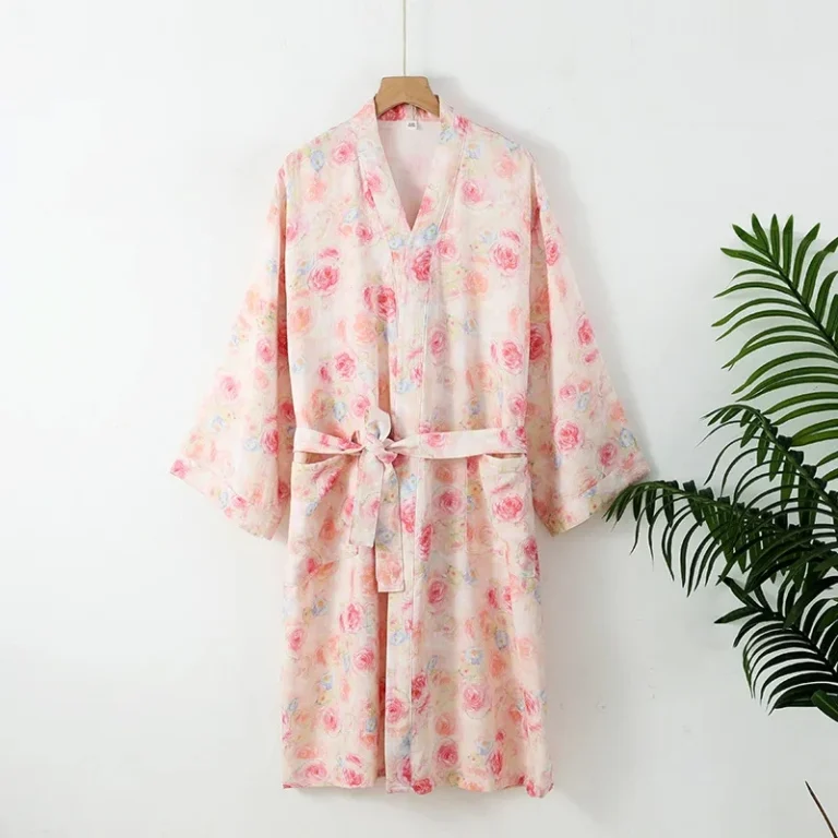 CHINEE New Spring Summer Women's Sleeping Robe 100% Cotton Gauze Thin Bathrobe Large Loose Japanese Kimono Robe Home Clothing