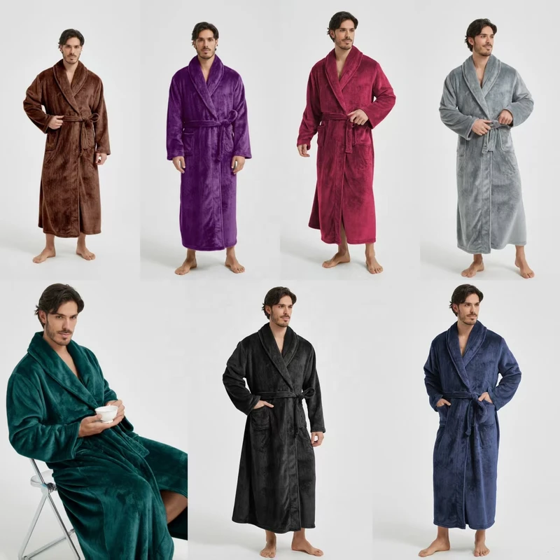 CHINEE New Style Casual Breathable Flannel Pajamas for Men European Style Home Wear Long Sleeve Nightgown