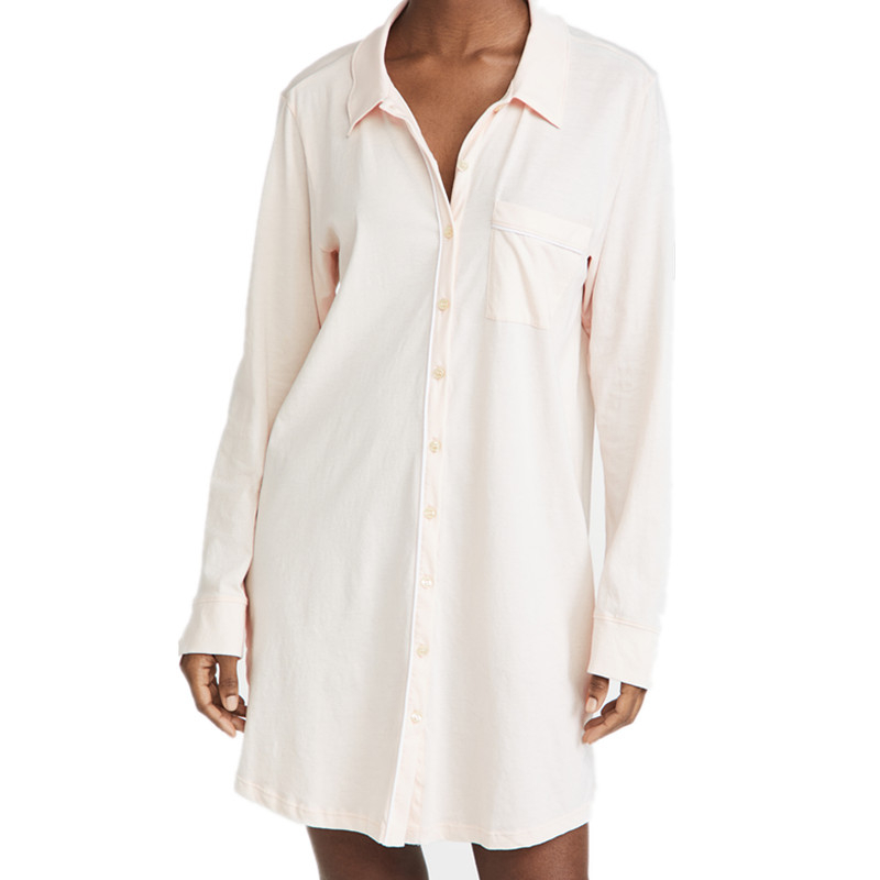 CHINEE New Style Stylish Spring Long Sleeves Women Home Wear Solid Color Lapel Button 100% Cotton Machine Embroidery Sleep Shirt
