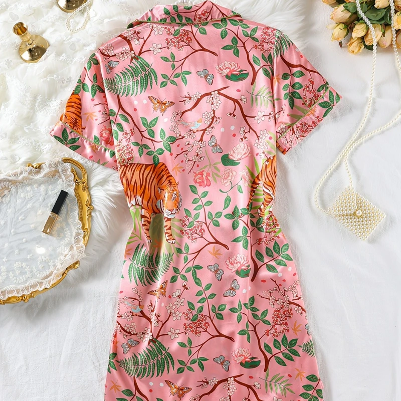 CHINEE New Summer Women's Sexy Casual Jungle Printed Ice Silk Loose Shirt Sleep Dress