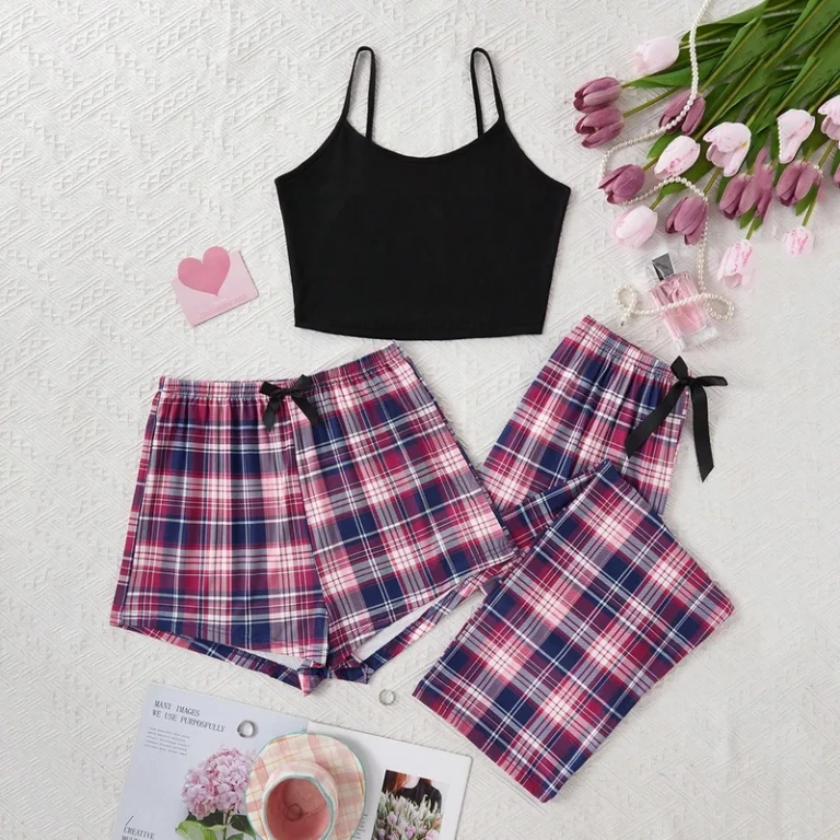 CHINEE-New-Three-Piece-Womens-Pajama-Set-Pink-and-Purple-Plaid-Pants-Solid-Color-Camisole-Casual-Home-Wear-1