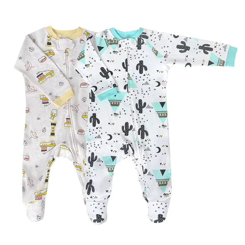 CHINEE Newborn Baby Romper Infant Clothes Sets Organic Cotton Knitted Fabric Animal Printed Two-Way Zipper Unisex Baby Footie Rompers