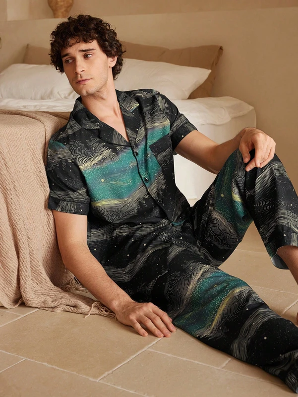 CHINEE Night Suit For Men Short Sleeve Household Matching Pyjamas Sleepwear