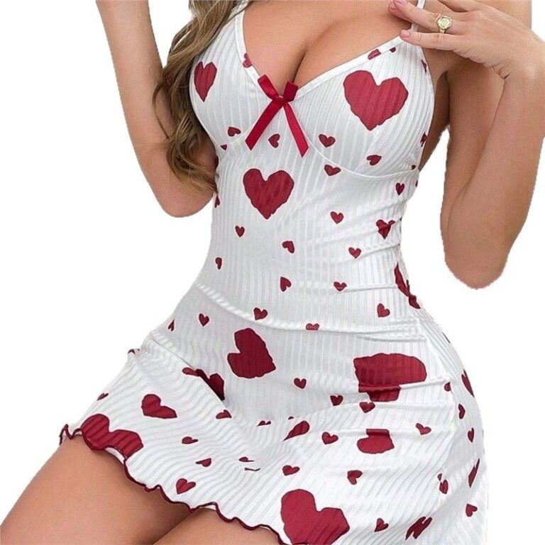 CHINEE-Nightdress-Women-Knitted-Sleepwear-Spring-Ribbed-Design-Lace-up-Short-Dress-Heart-Print-Breathable-European-American-Style-1