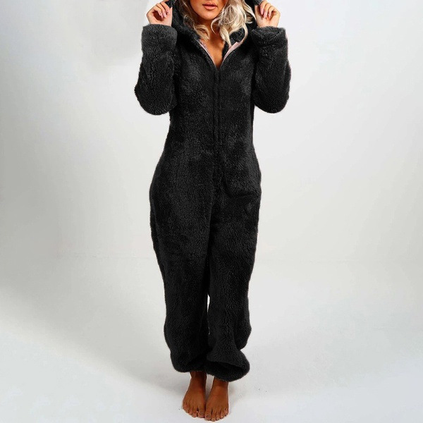 CHINEE Nightwear Pajama Adult Sexy Onesie Bodysuit Pattern Print Hooded Terry Zip up Plus Size Winter Sleepwear Women