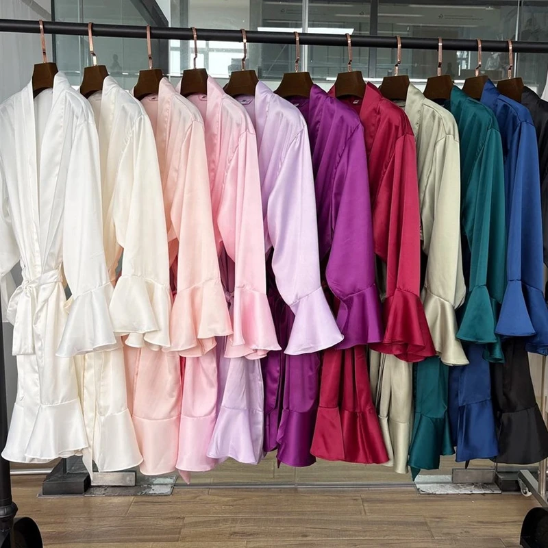 CHINEE ODM Luxury Solid Silk Matte Satin Robe Summer Kimono Wedding Ruffled Morning Soft Smooth Women's Sleepwear Bride Robes