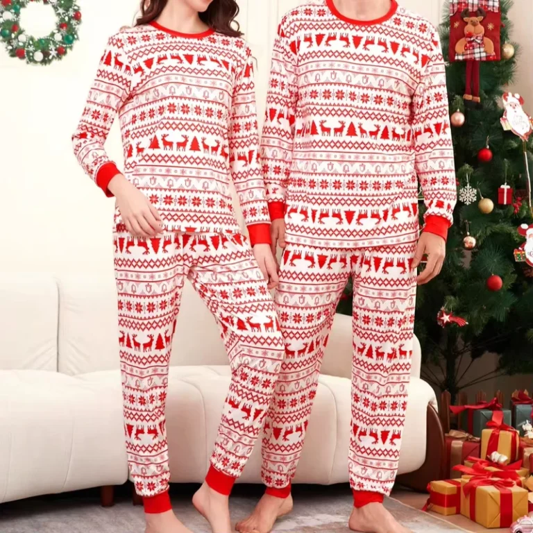CHINEE-ODM-supply-Striped-Christmas-Knitted-Pajama-Set-for-Adults-Elastic-Waist-Closure-Breathable-Winter-Family-Matching-Pyjamas-Front