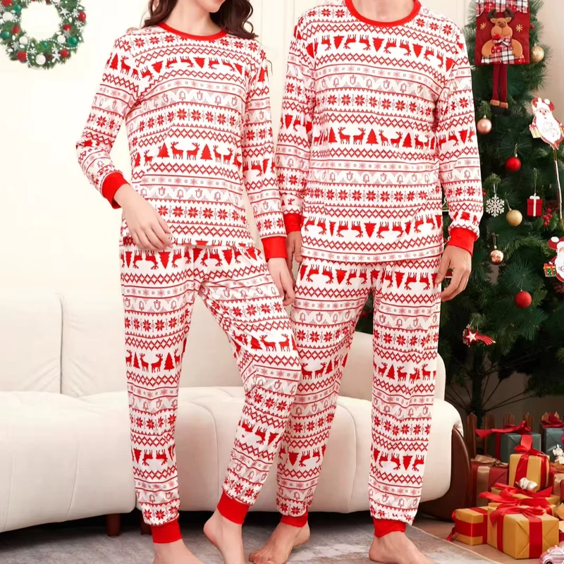 CHINEE ODM supply Striped Christmas Knitted Pajama Set for Adults Elastic Waist Closure Breathable Winter Family Matching Pyjamas Front