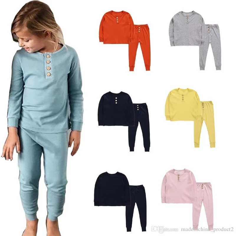 CHINEE OEM 100% Organic Cotton Ribbed 2 Piece Baby Pyjamas Long Sleeve Soft Pajamas Cotton Boys Girls Pajamas Elastic Kids Pyjamas
