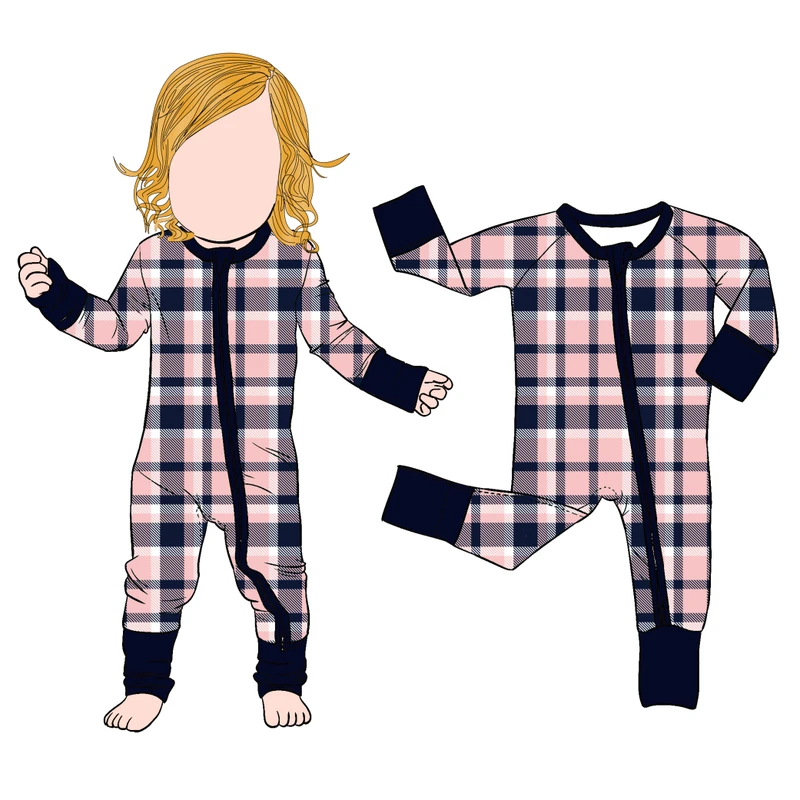 CHINEE OEM Custom Factory Baby Toddler Kids Plaid Zipper Long Sleeve Footed Pajamas Zippy Sleepwear Kids Jumpsuit