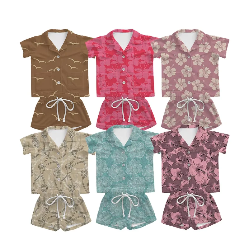 CHINEE OEM Custom Hawaii Style Baby Kids Short Sleeve Pajamas Sets Floral Printed Children Sleepwear Girls Clothing Sets