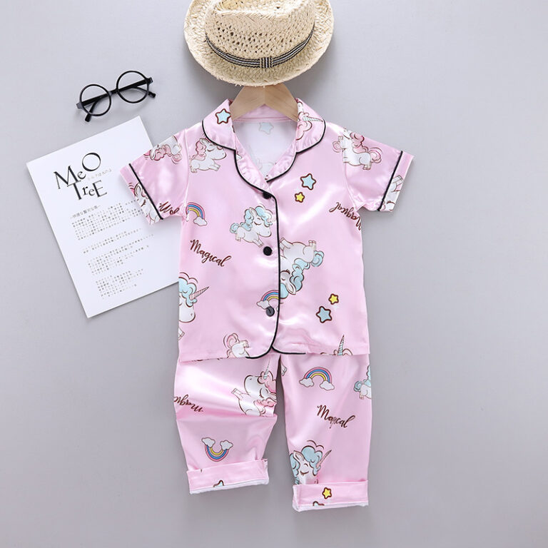 CHINEE-OEM-Family-Feeling-Little-Girls-Child-Pajamas-Sets-100-Satin-Silk-Unicorn-Pijamas-Short-Sleeve-Toddler-Pjs