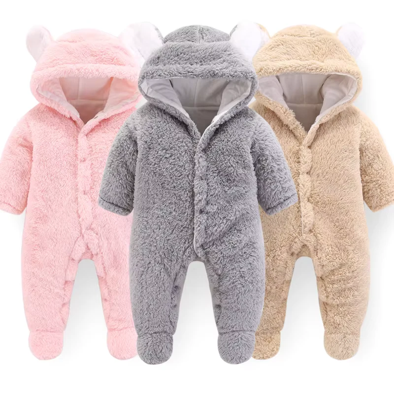 CHINEE OEM Honeyking Unisex Cute Baby Rompers Winter Infant Toddler Polyester Cotton Woolen Fabric Hooded Button Closure Solid Color