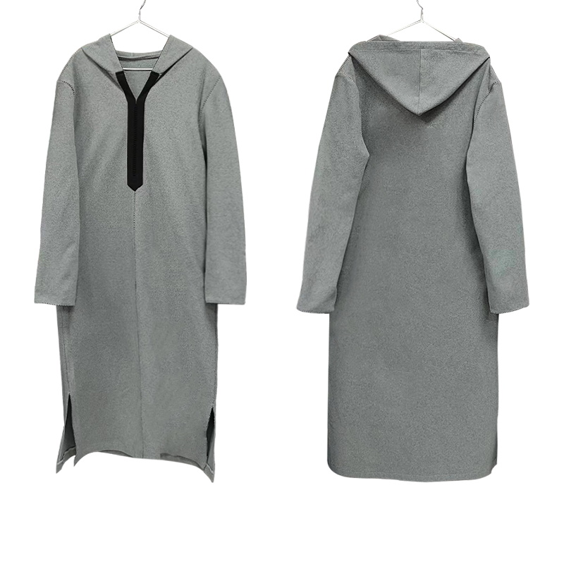 CHINEE OEM Moroccan Middle East Traditional Robe Grey Long Sleeve Long Men's Hooded Shirt Muslim Thobe