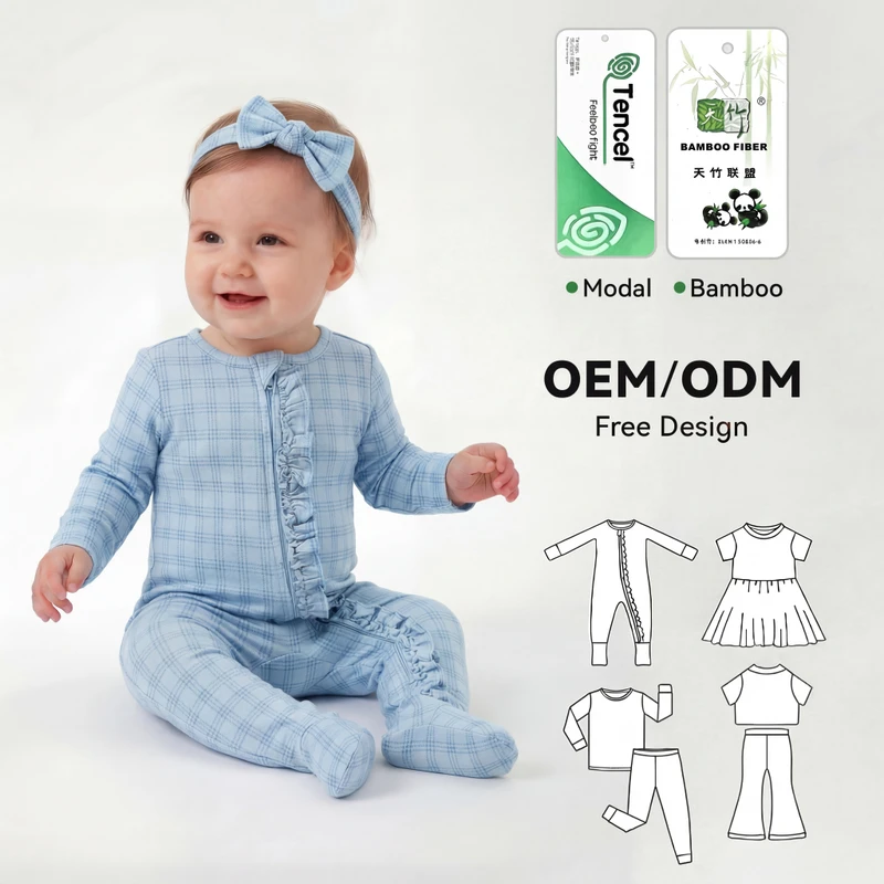 CHINEE OEM ODM Baby Bamboo Sleeper Kids Girl Long Sleeves Heat Transfer Printing Pajamas Infant Frill Bamboo Clothes