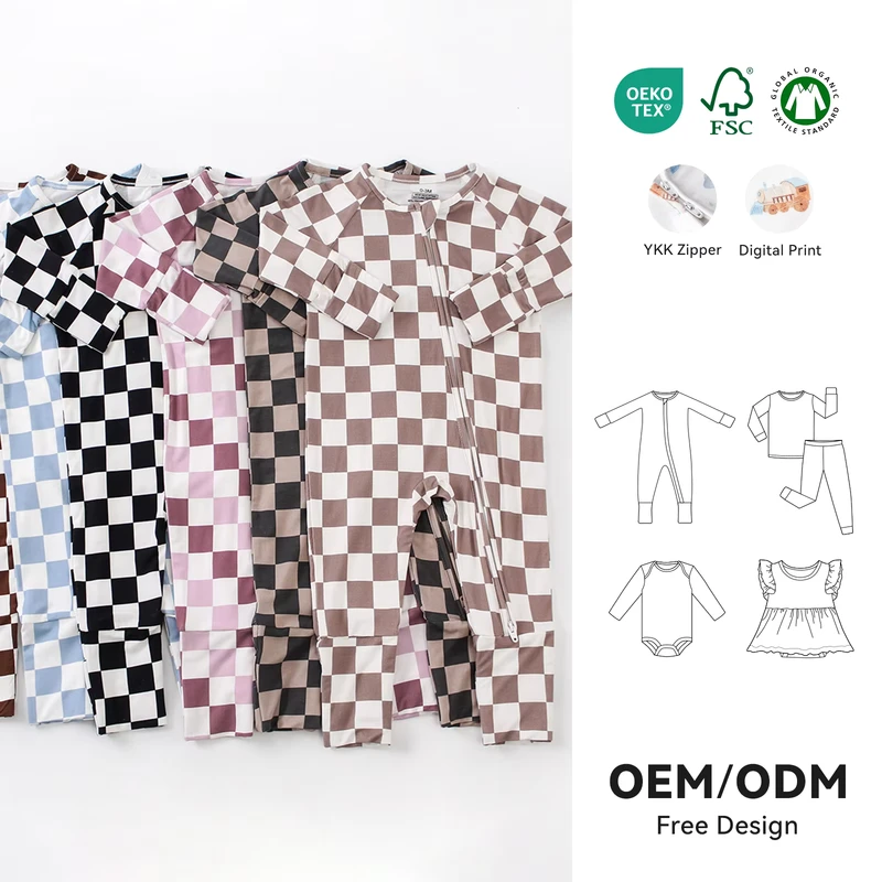 CHINEE OEM ODM Bamboo YKK Zipper Pajamas Toddler Boy Girl Square Print Clothing Newborn Baby Bamboo Fabric Clothes Sleeper