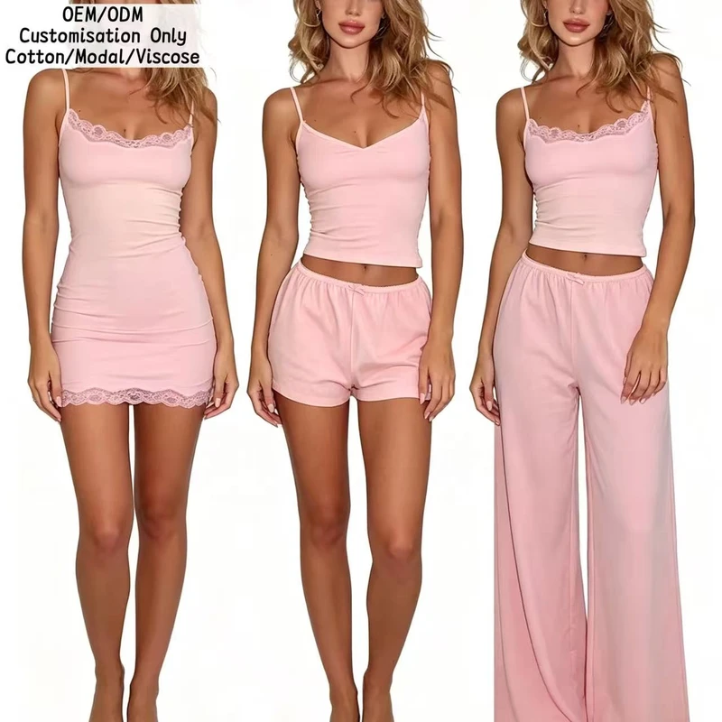 CHINEE OEM ODM Custom Cotton Lace Trim Camisole Loungewear Set Night Dress Women Top And Shorts Long Pants Two Piece Soft Pajamas Set