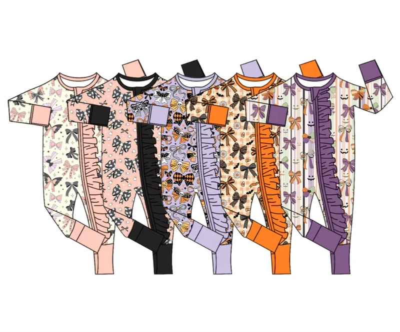 CHINEE OEM ODM Custom Halloween Baby Romper Set Custom Pumpkin Ghost Print Zip Bamboo Pyjamas Toddler Baby Jumpsuit Bamboo Mystery Box