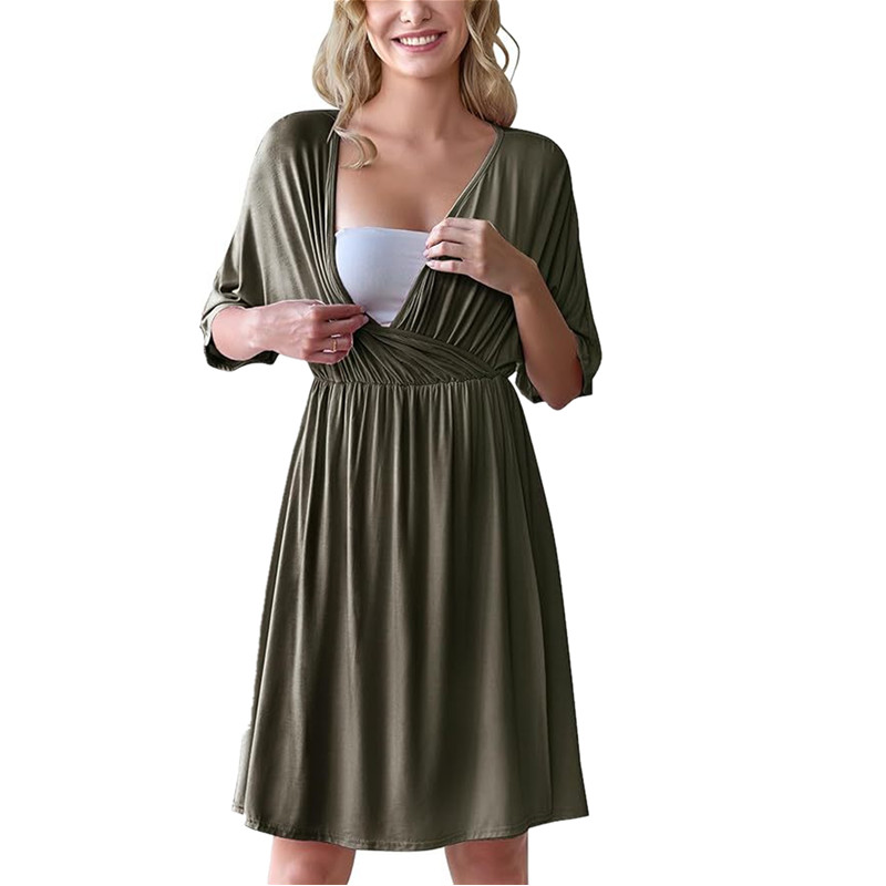 CHINEE OEM ODM Maternity Dress Nursing Nightgown Sleepwear Breathable Wire Free Black Dark Green X Large