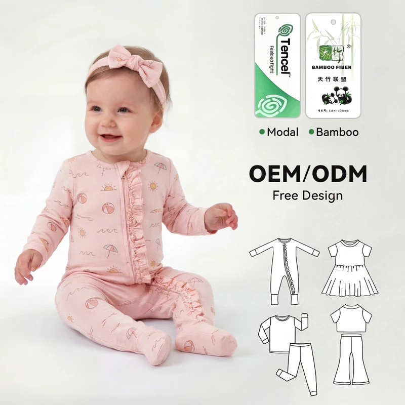 CHINEE OEM ODM Newborn Baby Bamboo Fiber Romper Toddler Boy YKK Zipper Frill Sleeper Heat Transfer Printing Baby Girl Bamboo Pajamas