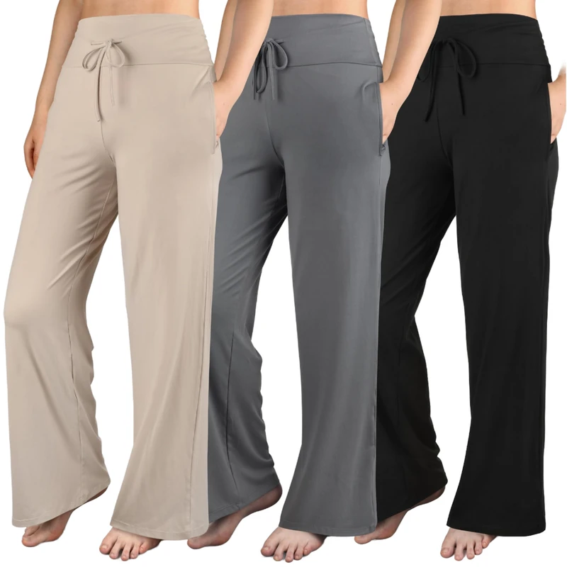 CHINEE OEM ODM Womens High Wide Leg Loose Fit Pajama Pants Pockets Comfy Casual Yoga Lounge Sweatpants Pure Black Grey Khaki