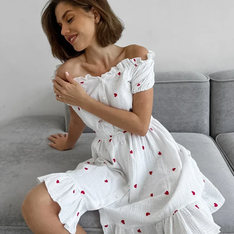 CHINEE-One-Shoulder-Heart-Print-Cardigan-Ruffled-Nightdress-Pure-Cotton-Womens-Loungewear
