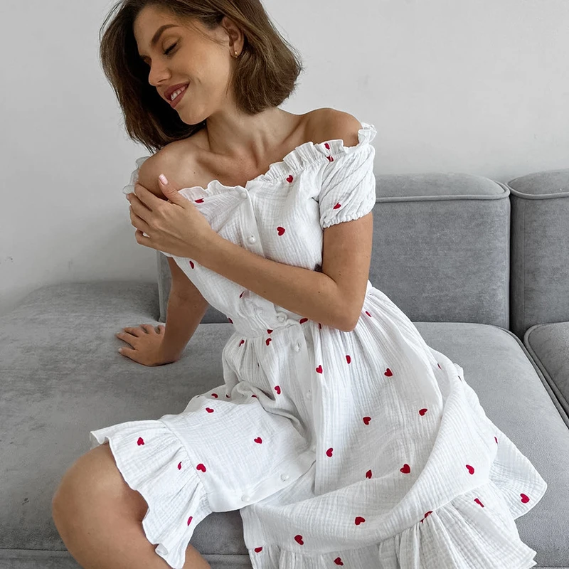 CHINEE One Shoulder Heart Print Cardigan Ruffled Nightdress Pure Cotton Women's Loungewear