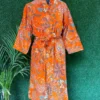 CHINEE Orange Floral Velvet Women Robe Kimono Sleepwear Belted Loungewear Homewear