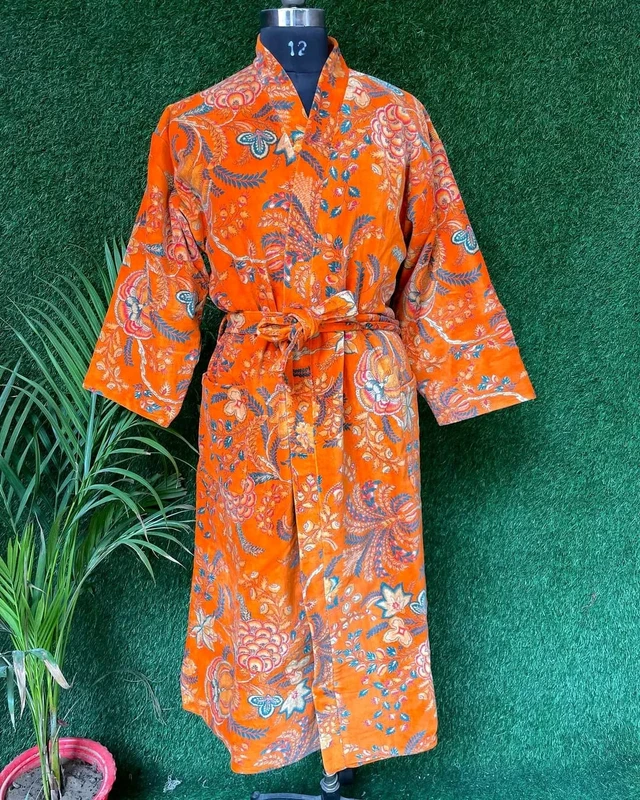 CHINEE Orange Floral Velvet Women Robe Kimono Sleepwear Belted Loungewear Homewear