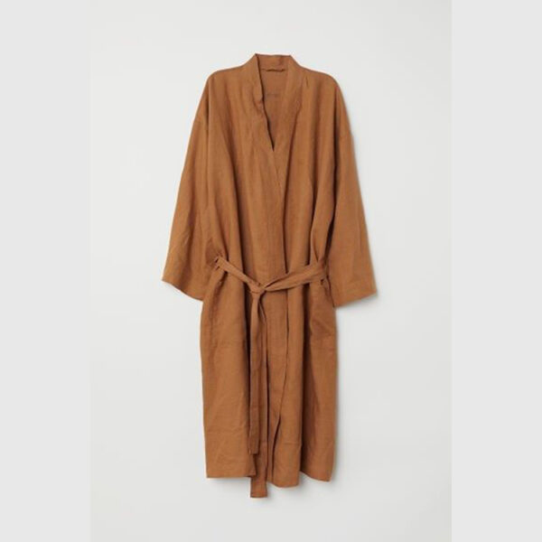 CHINEE Orange Linen Robe Kimono Bathrobe Casual Wear Long Robe Dress Ladies Nightwear