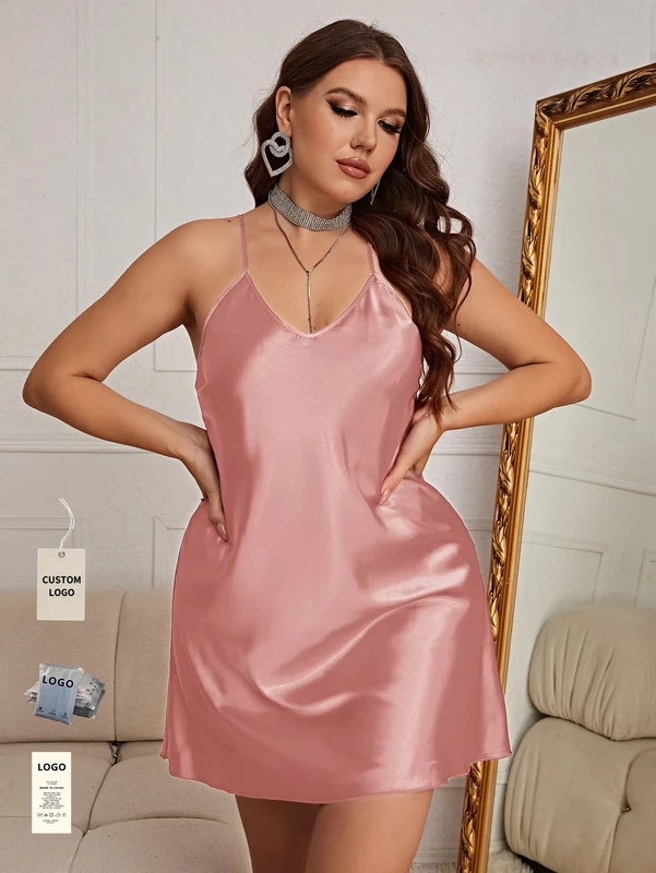 CHINEE Oversize Summer Satin Backless Nightgowns V Neck Nighty Chemise Women's Ice Silk Slip Short Dress Sexy Sleepwear XL 5XL