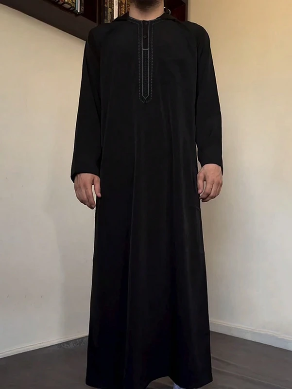 CHINEE PROMISTAR Muslim Men's Long sleeved Hooded Embroidered Ethnic Style Casual Robe Polyester All Seasons Stock Thobe Men Muslim