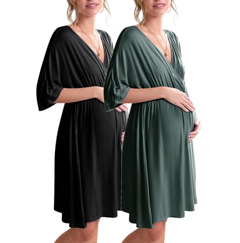 CHINEE-Pajama-3-in-1-Maternity-Dress-Nursing-Nightgown-Sleepwear-Breathable-Wire-Free-Black-Dark-Green-X-Large