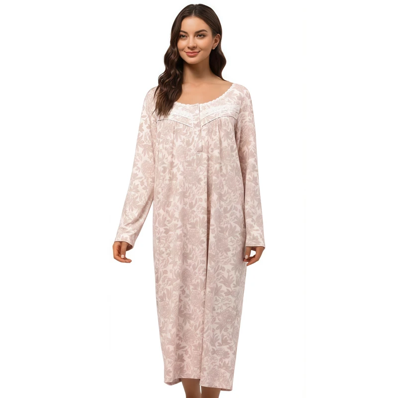 CHINEE Pajamas Cotton Night Dresses Long Sleeve Floral Sleepwear Ladies Pyjama Nightgown for Women