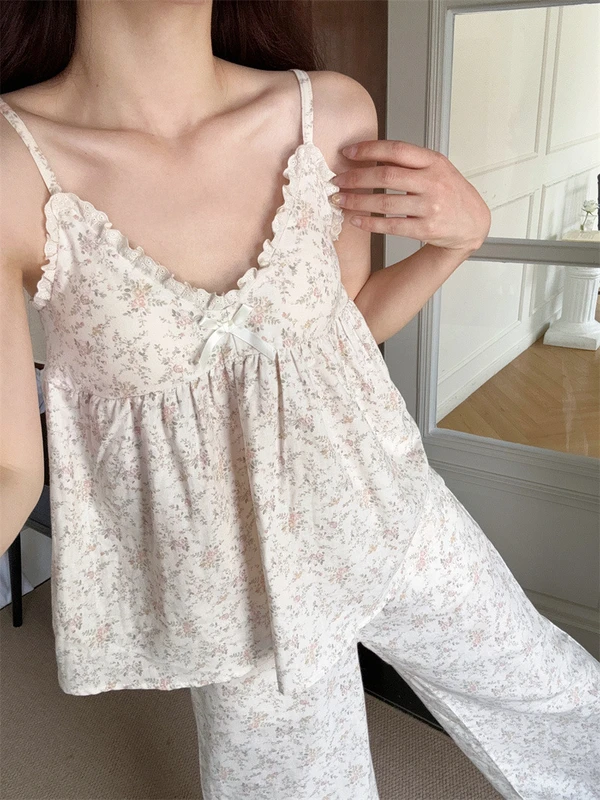 CHINEE-Pajamas-Floral-Print-Camisole-Set-with-Bow-and-Lace-Trim-Comfortable-and-Padded-Bra-Perfect-for-Loungewear-and-Sleepwear