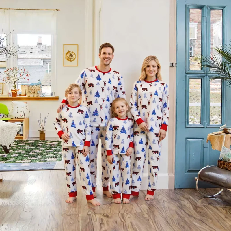 CHINEE Parent-Child Cotton Breathable Family Matching Christmas Printed Long Sleeve Elk Cartoon Pajamas Suit for Baby Boys and Girls