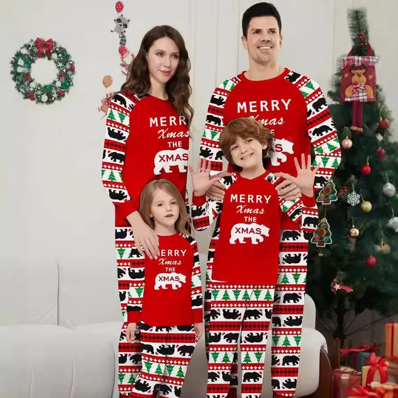 CHINEE Parent child Home Wear Women Men Kid Baby Dog Sleepwear Bear Monogrammed Long Family Christmas Pajamas Set