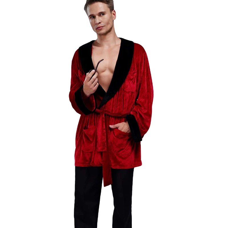 CHINEE Party Supplies Men's Velvet Smoking Robe Jacket With Belt Includes Captain Hat and Toy Pipe Costume
